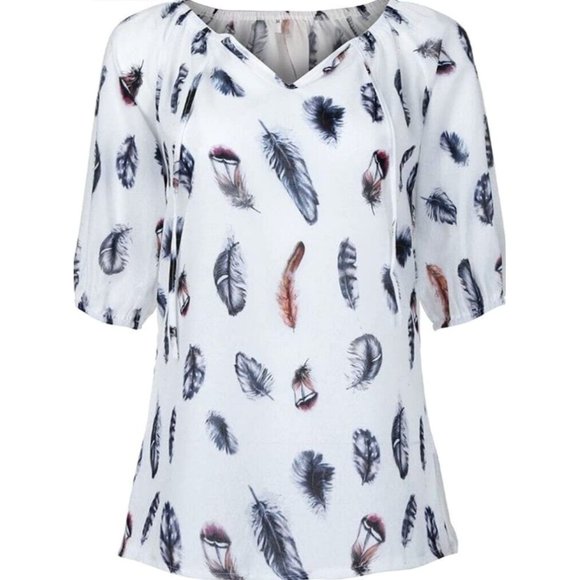 Unbranded Tops - NWOT 10-12 Women's silky satin Blouse Feather Print white Loose Top boho